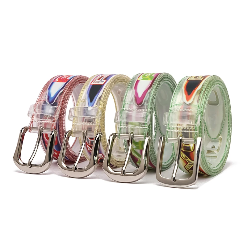 Fashion Transparent Women Belt for Jeans & Dresses Classic Metal Buckle PVC Iridescent Rainbow Belt