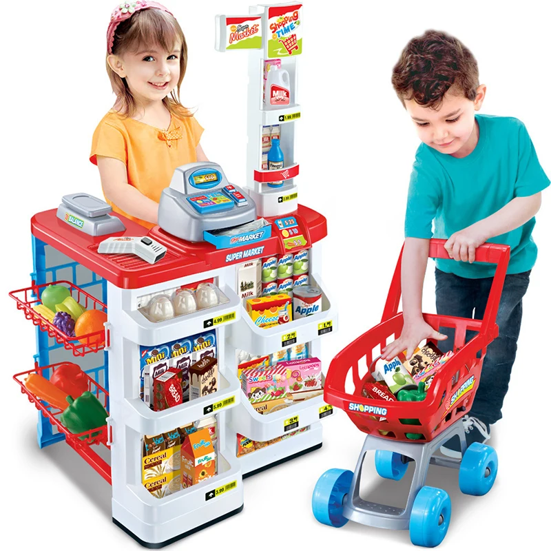 
Kids Role Play Supermarket Stall Toy Set, Children Superstore Grocery Play Shop with Scanner and Shopping Trolley of Vegetables 