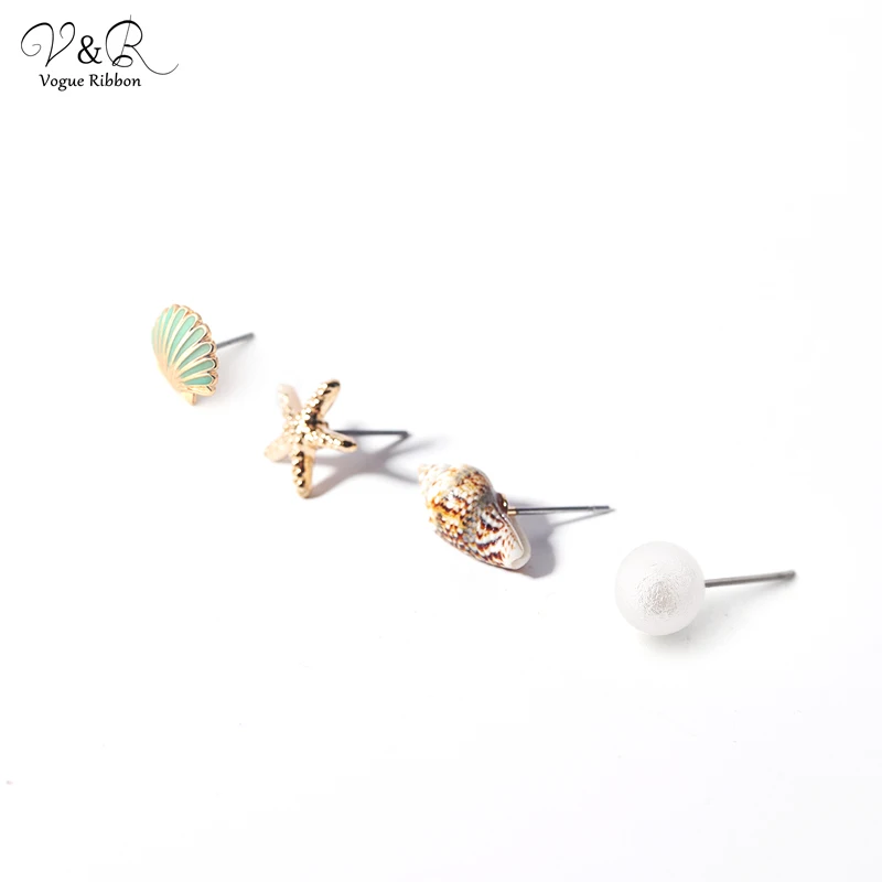 V&R Fashion Jewelry Gold Plated Ocean Conch Sea Shell Starfish Pearl Stud Earrings For Women