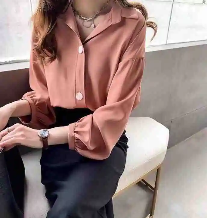 autumn new fashion solid color loose lantern sleeves chiffon shirt female large size long sleeve shirt Han Fan shirt