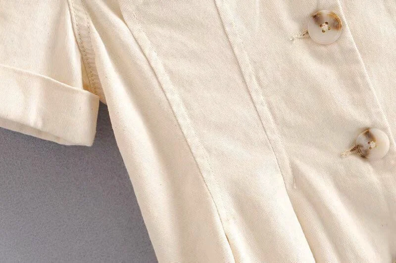 
100% Linen Women Side Split Beige Buttoned Long Casual Dress 