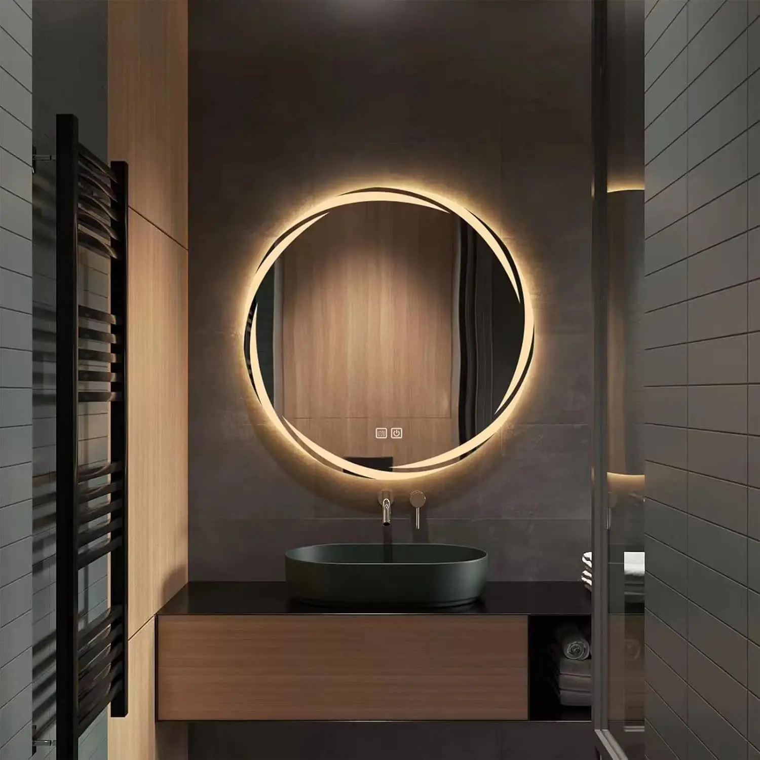 Round Modern round Bathroom LED Mirror Backlit Lighting Touch Sensor Illuminated Rectangular Design Aluminum back Defogger Hotel