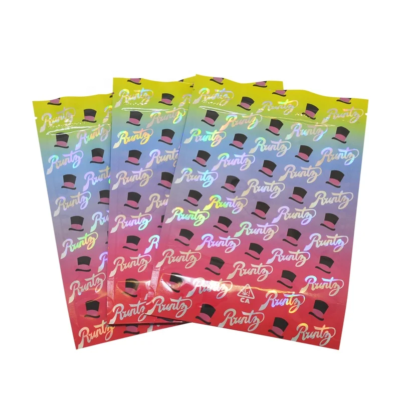 
100 PCS Laser Holographic Runtz Color Bag Stand Up Pouches Customized Printing CBD Candy Gummy Smell Proof Zipper 3.5g 28g Bags 
