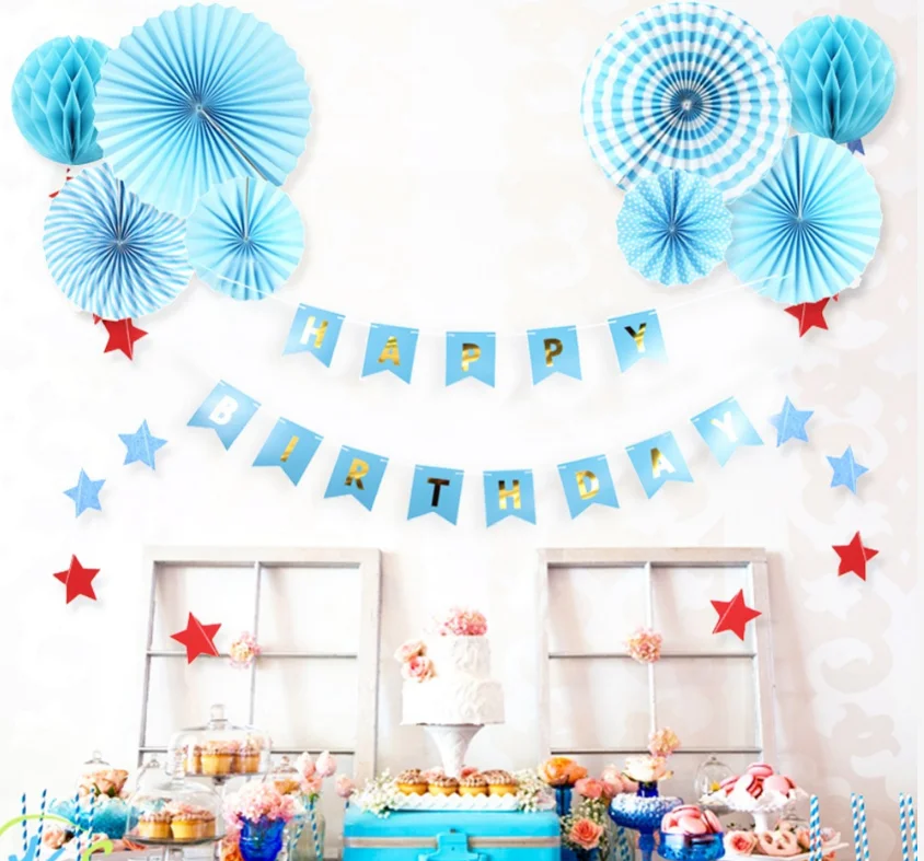 Blue Birthday Party Paper Decoration Kit Banner Tassel Garland Paper Fan flower Honeycomb Balls Star Garland for Boy Birthday