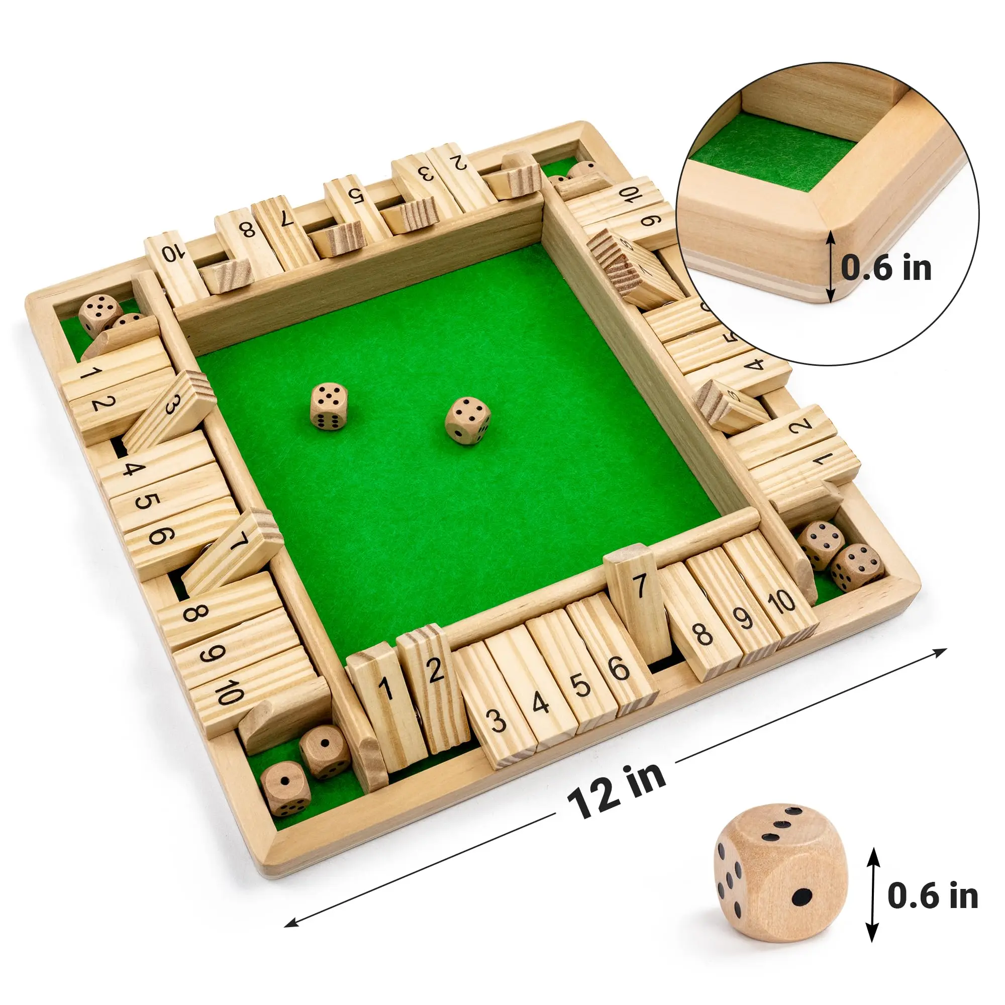 Shut The Box Dice Game Wooden (2-4 Players) for Kids & Adults 4 Sided Large Wooden Board Game Amusing Game for Learning Addition