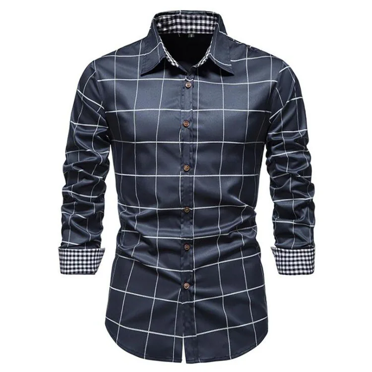 New Mens Social Shirts Autumn And Winter Casual Plaid Stitching Long-sleeved Single-Breasted Lapel Fashion Shirt