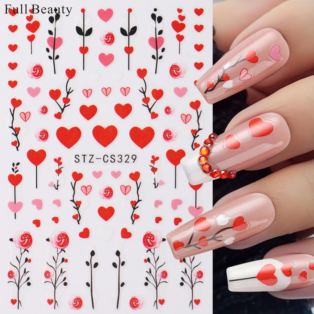 Hot selling STZ red heart love rose flower fake nails stickers accessory nail design valentines