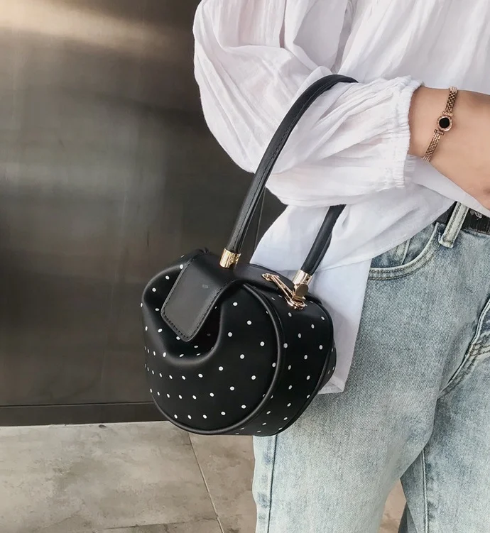 
New Korean fashion ladies PU Leather polka dot lock small round bag Dumpling Top-handle Women Handbags 