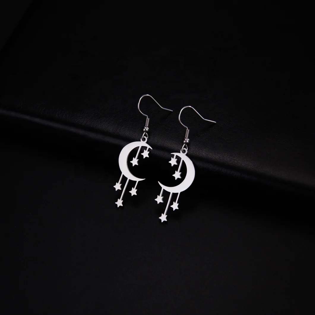 Crescent Moon Stars Drop Earrings Stainless Steel Gold Color Dangle Earrings Bohemian Jewelry Gift for Women Girls