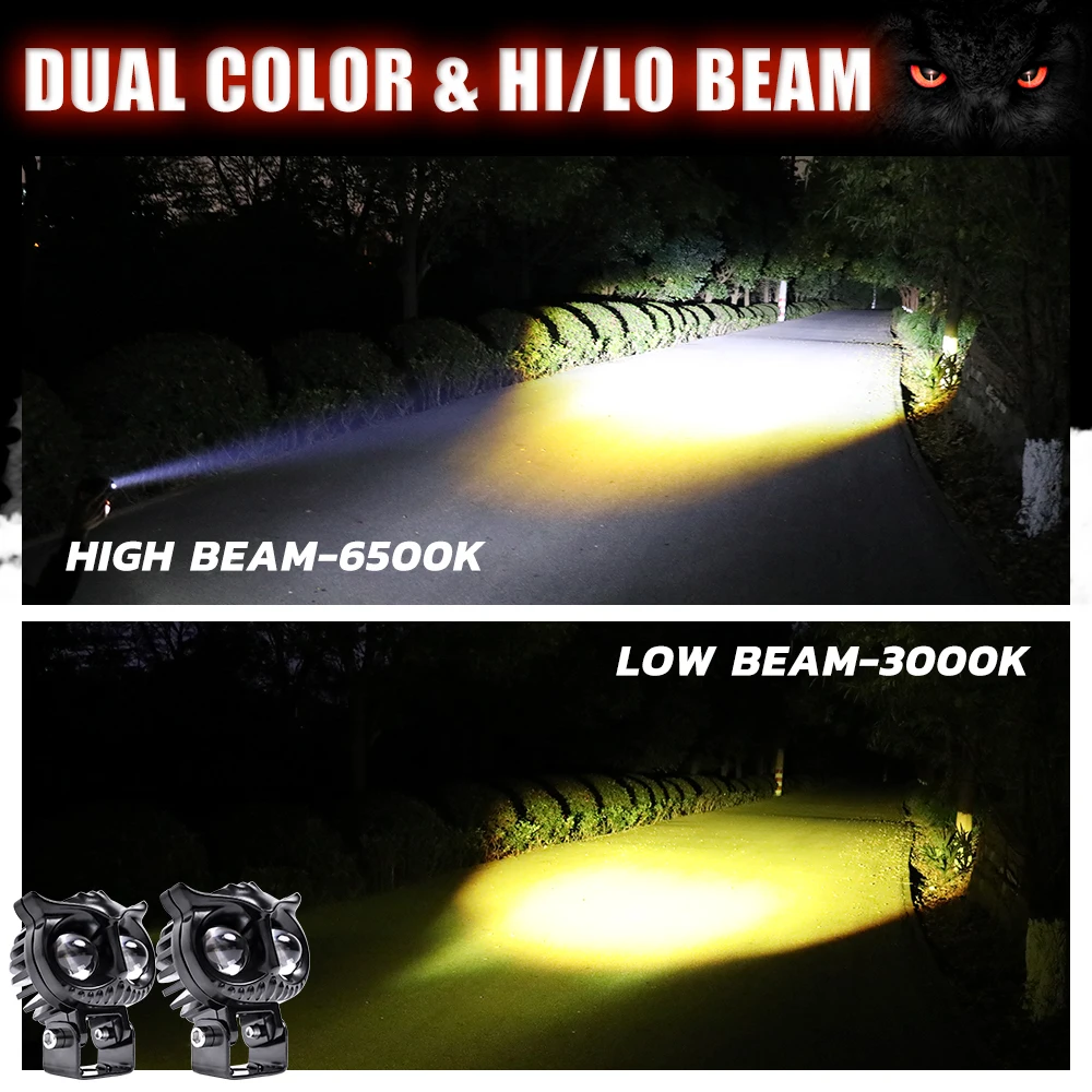 OWL 2.8' inch 12v 24v 3000LM High low beam Spot auxiliary fog light Dual Color yellow ATV UTV Mini motorcycle Led work light