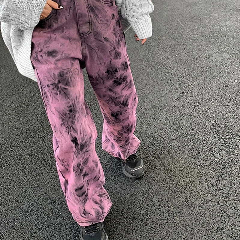 DiZNEW Autumn Chic Boyfriend  Straight Cut Paint Splash Style Tie Dye Denim Jeans for Women