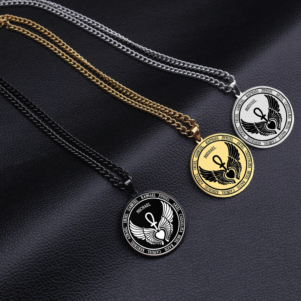 Feast Archangels 12 Guardian Angels Medallion Wings Heart Ankh Life Power Magic Amulet Jewelry Stainless Steel Pendant Necklace