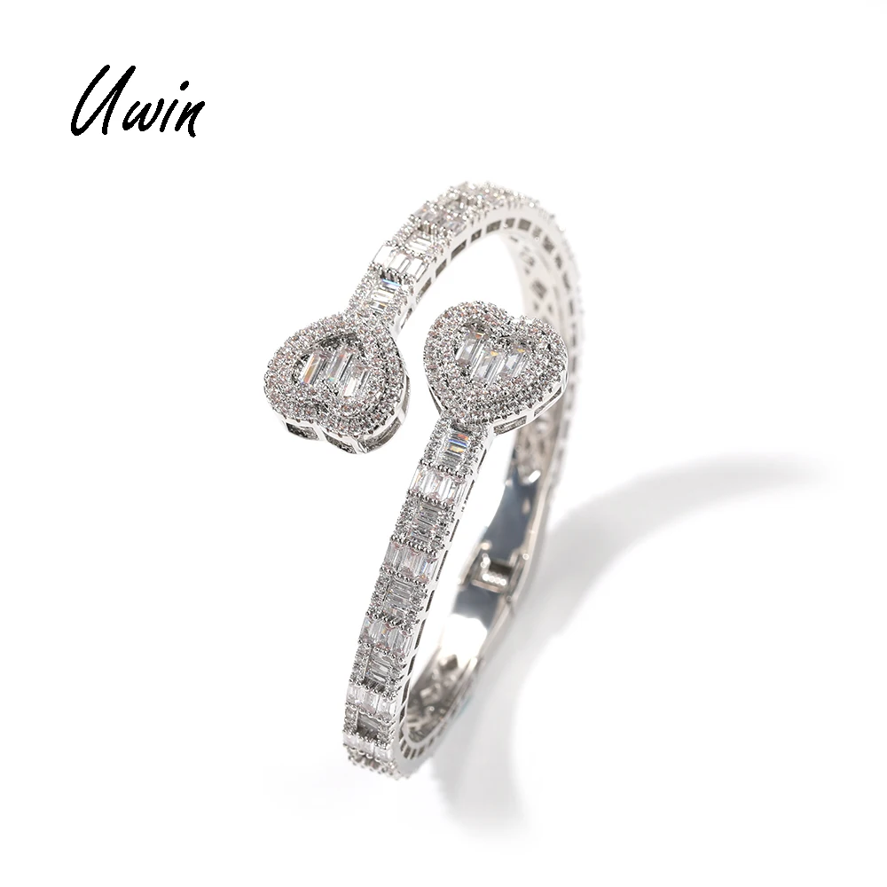 UWIN Full Iced Out Bling Heart Baguette CZ Bangle Adjustable Bracelet Bangle Hip Hop Women Jewelry