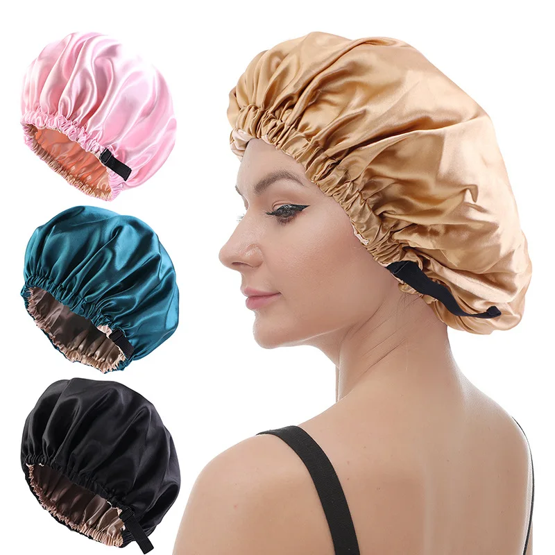Double Layered Bonnet Sleeping Adjustable Elastic Band Hair Cap Cover Hair Wrap for Bath with Elastic Stay for Women Hair Care