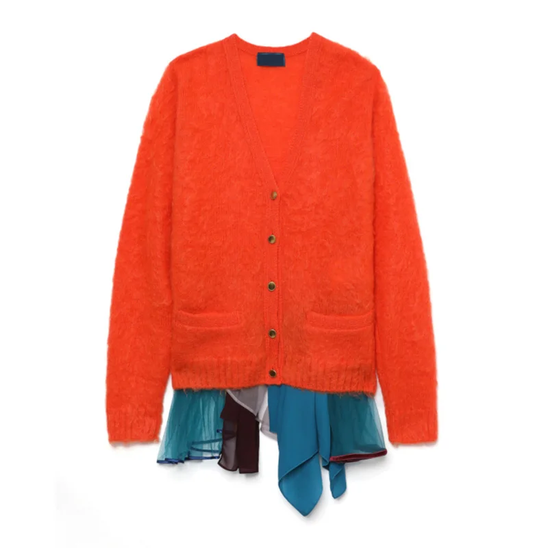 Custom Design Alpaca Mohair Cardigan Women Fuzzy long sleeve winter Knitwear Patchwork Wool Coat Chunky mohair sweater women