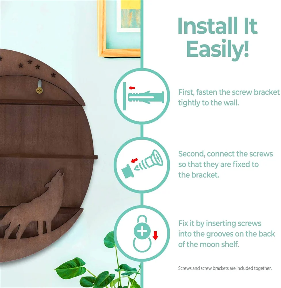 Hi Home Moon and Wolf Floating Shelf-Walnut Floating Shelves for Crystals, Plants, Trinkets-Crescent Moon Shelf with Stars