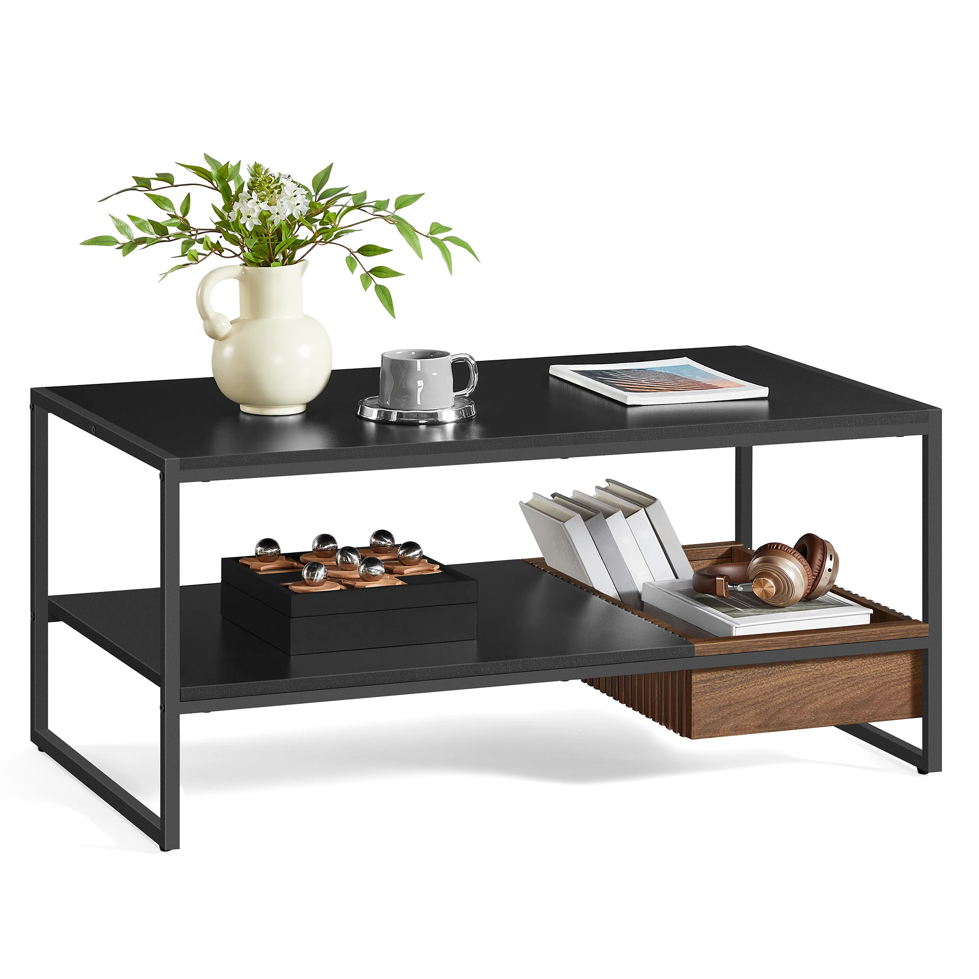 VASAGLE Easy to Assemble RTA home furniture Columbian walnut wood coffee table with Movable Drawer