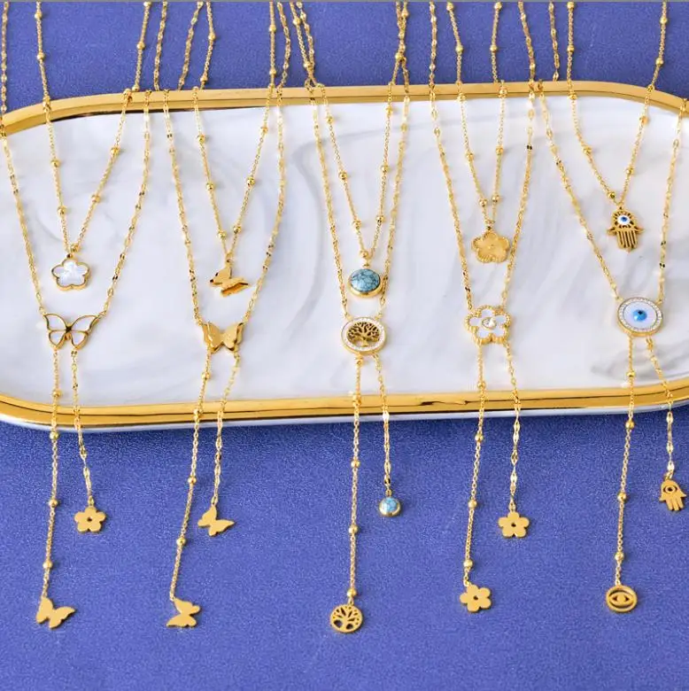 Double layer necklace Fashion Euro-American style eyes palm long fringe flower sweater chain For women fine jewelry