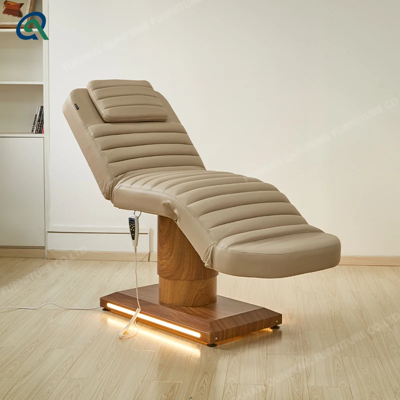 Qunpeng 2024 New Wood Base Massage Table Beauty Bed With Led Light Facial Treatment Lash Bed Salon Furniture