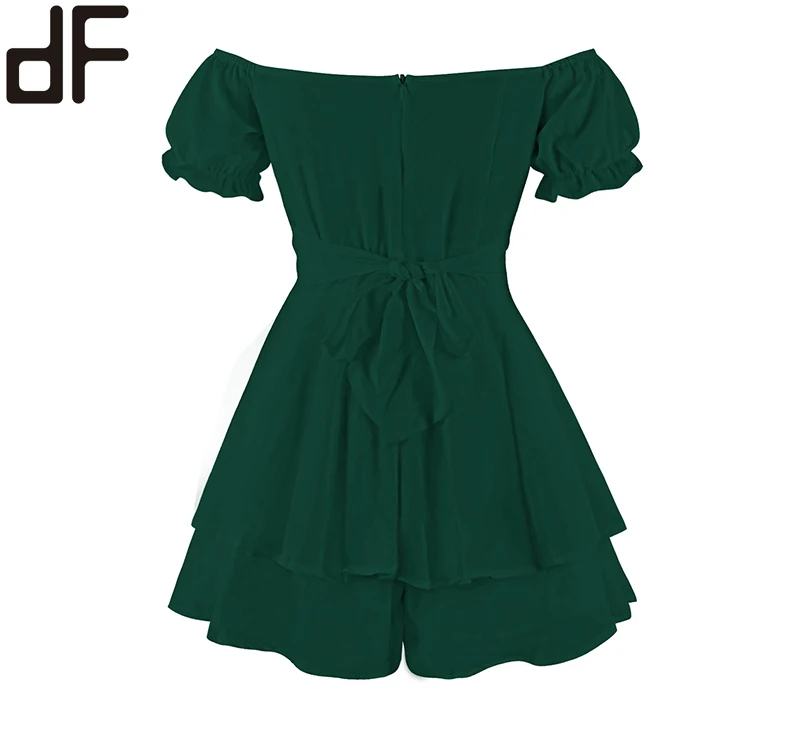 Wholesale Hidden Zip Mini Dress Pants Green Women Bodysuit One Piece Fitness Jumpsuit Puff Short Sleeve Women Summer Jumpsuits