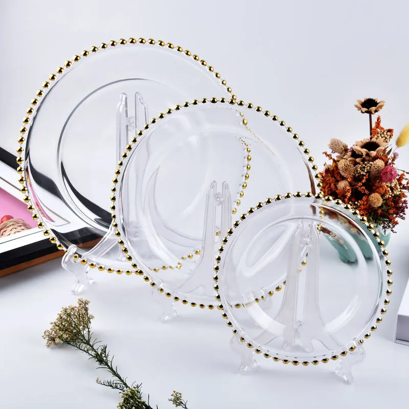 European Crystal Glass Plate With Gold Bead Trim Household Tableware Set for Banquet Steak Dessert
