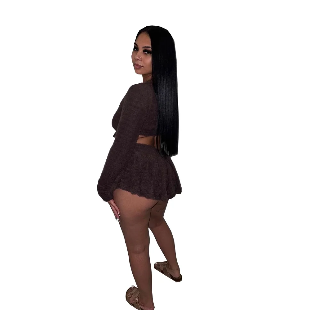 2024 new arrival spring ladies clothes long sleeve top match skirts sexy teddy summer women 2 piece mini skirt set