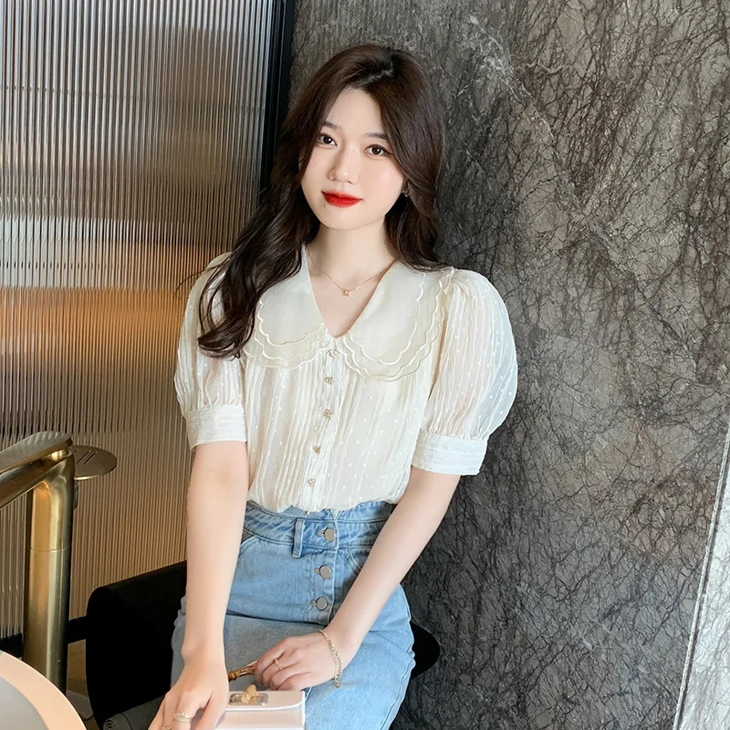 Women Ladies Double Lace Collar Short Sleeve Chiffon Tops and Blouses