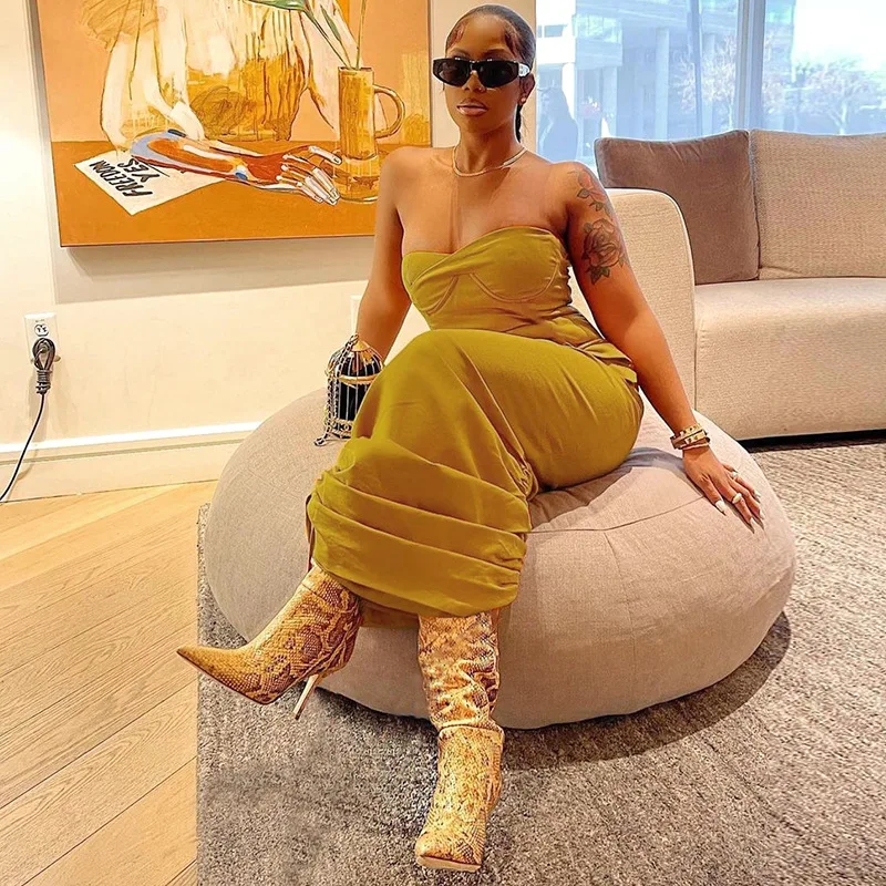 2022 Latest Plain Yellow Women Off Shoulder Corset Drawstring Pockets Pleated Ruched Dress