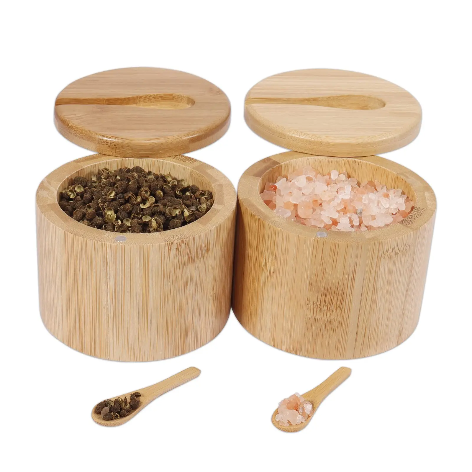 Wooden Salt Cage with Swivel Lid Salt Bowl Spice Cellar for Kitchen Keep Fresh Bamboo Seasoning Box with Spoon
