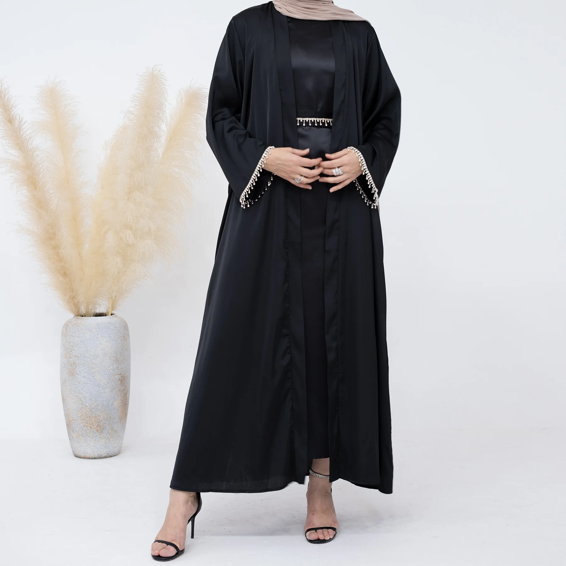 PROMISTAR Dubai Autumn Adult Dress Beaded Crystal Chain Solid Color Polyester Ramadan Abaya Spring Summer Collection