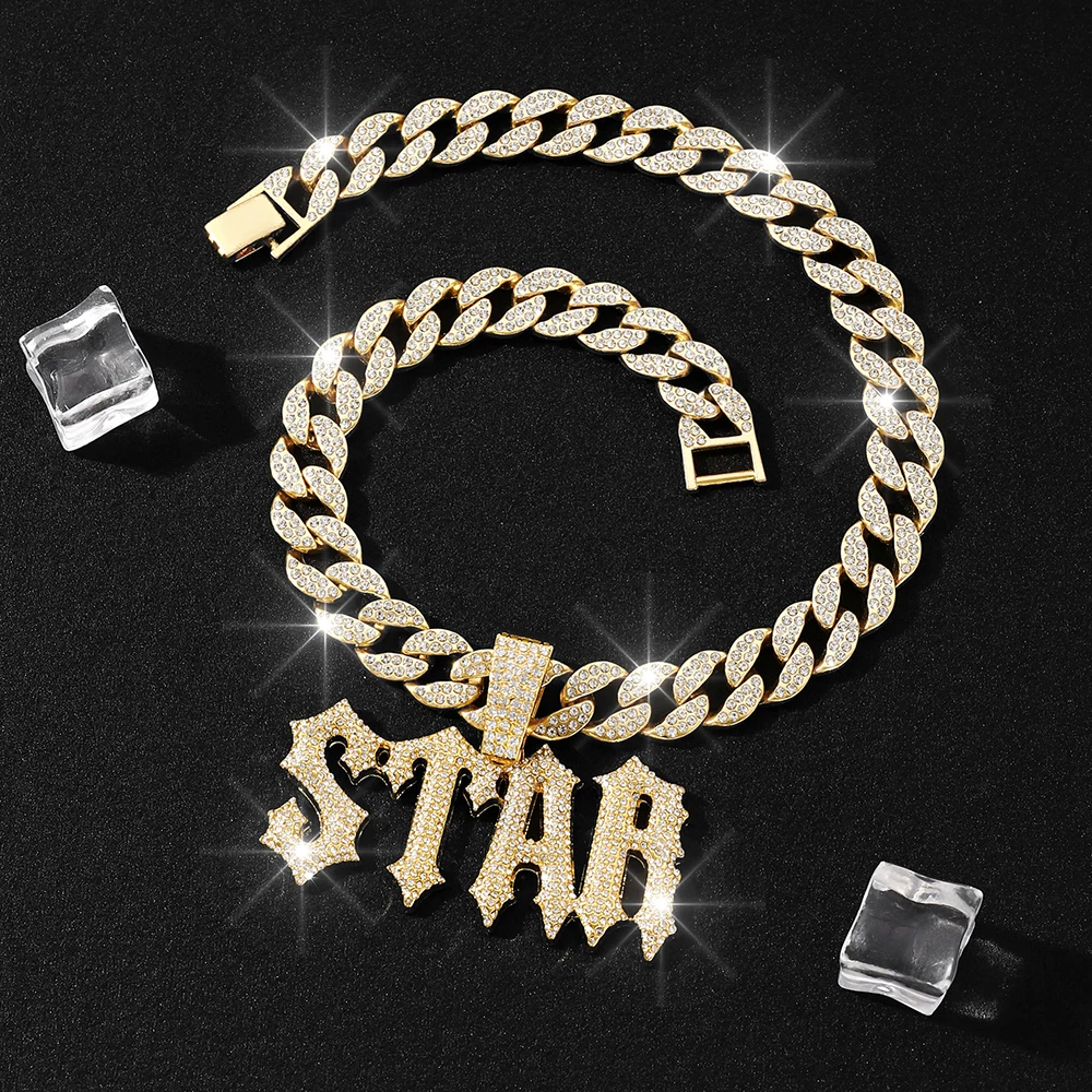 Mens Cuban Link Chain STAR Letter Pendant Necklace Silver Gold Plated Bling Iced Out Chain