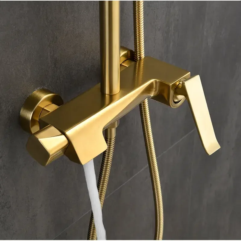 Modern Rain Exposed Rainfall  Bathroom Wall Mounted Brass Bath Water Tap Shower Head Mixer Golden Faucet System
