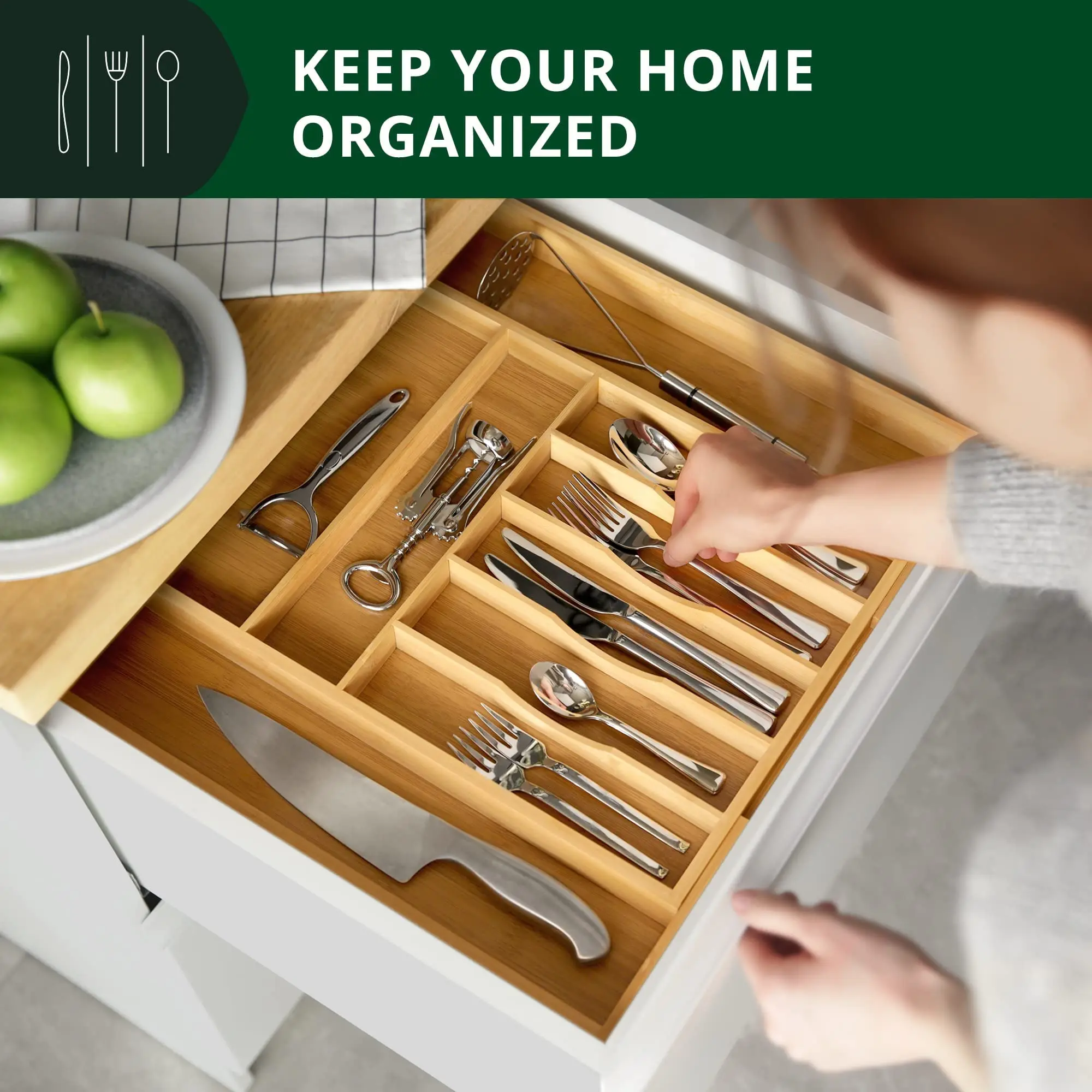 Wood Tray Organizer Bamboo Kitchen Drawer Organizer Silverware Utensil Holder Cutlery Tray  Utensil Storage Cabinet Organizers