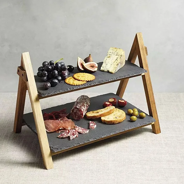 Slate Plate Slate Wood Plate Tiered Serving Tray Bamboo Black Slate Serving Tray for Sushi Steak