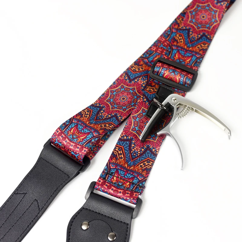 Factory Supply Patterned Printing Folk and Electric Guitar Strap With Pick and Capo Location Superfine PU Leather Head