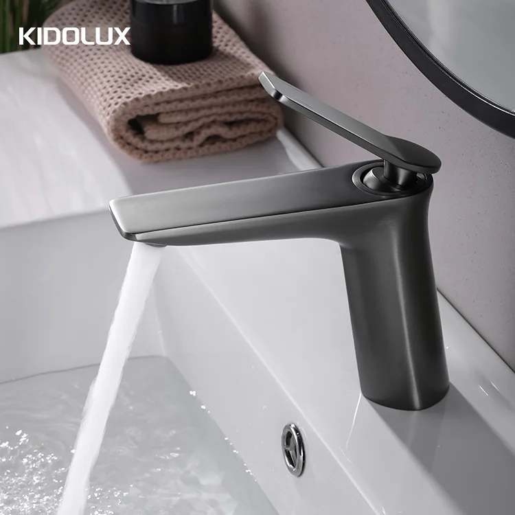 Kidolux Modern Water Tap Sanitary Ware Single Hole Handle Brushed Finish Hot And Cold Water Mixer Brass Basin Faucet For Hotel