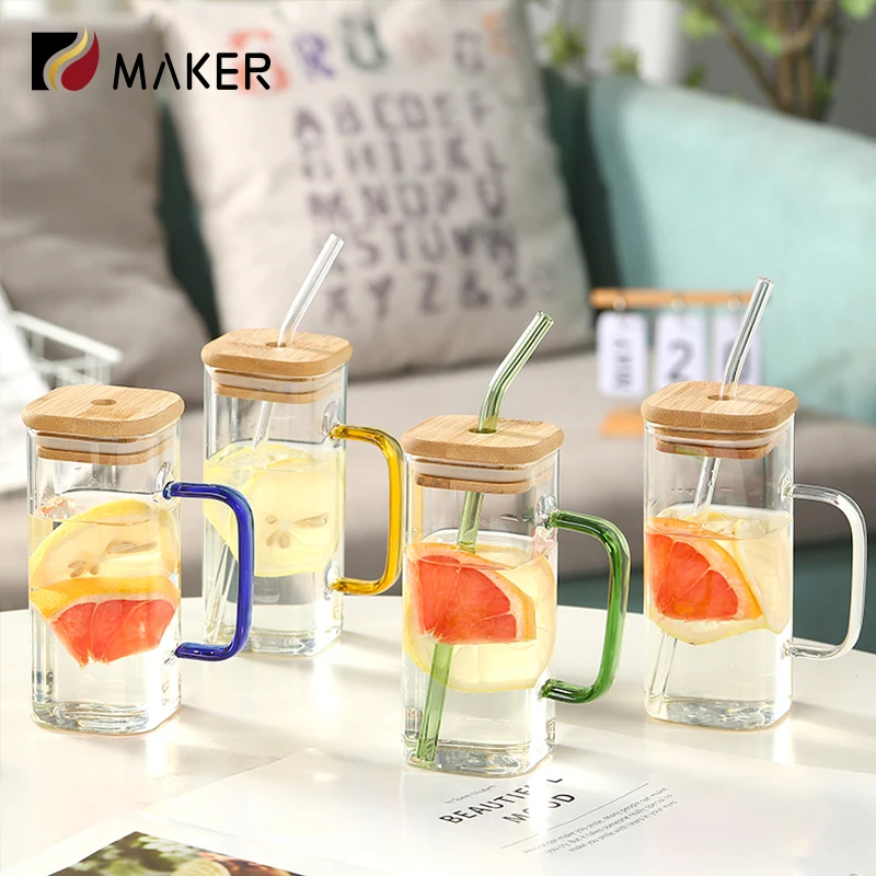 400ml Empty High Borosilicate Square Clear Glass Handle Straw Drinkware Bottle Cola Juice Milk Tea Water Cup With Bamboo Lid