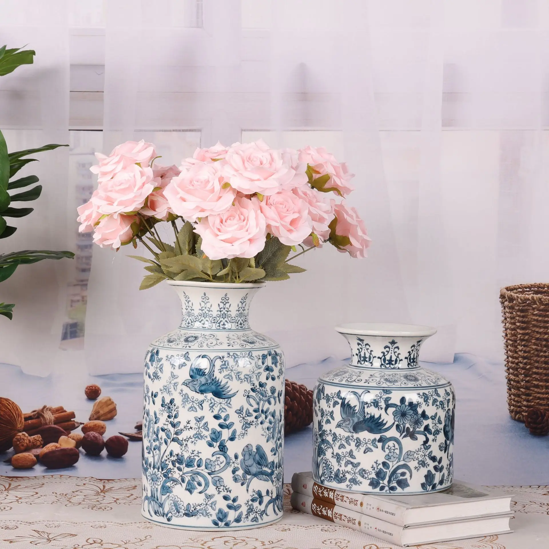 New Chinese-Style Blue White Porcelain Vase Handmade Ceramic Floriculture Ornament Living Room Decor Dried Flowers Flower