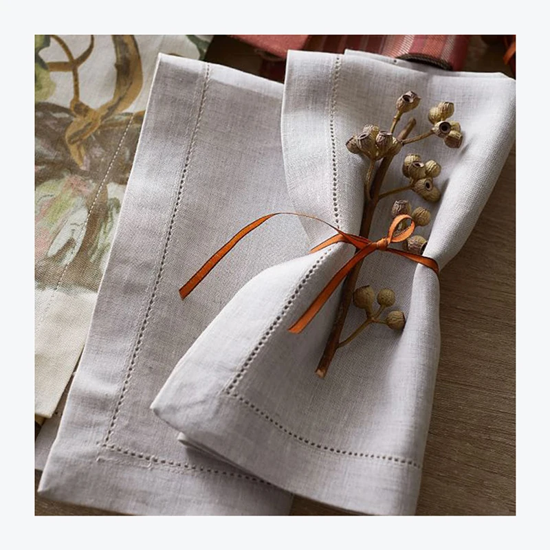 wholesale Plain Hemstitch Cotton Napkins Set Yellow Linen Cloth Washable Napkins Set For Wedding White And Blue Cloth Napkins