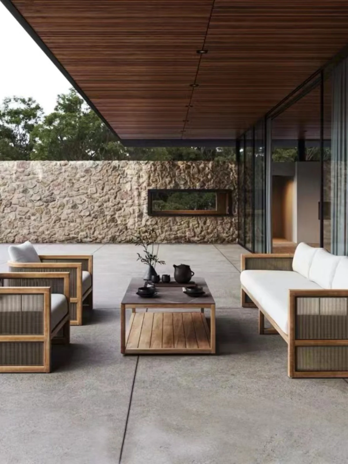 luxury patio garden sets hotel resort Capri teak lounge chair one seat sofa with ottoman outdoor furniture leisure lounge chair