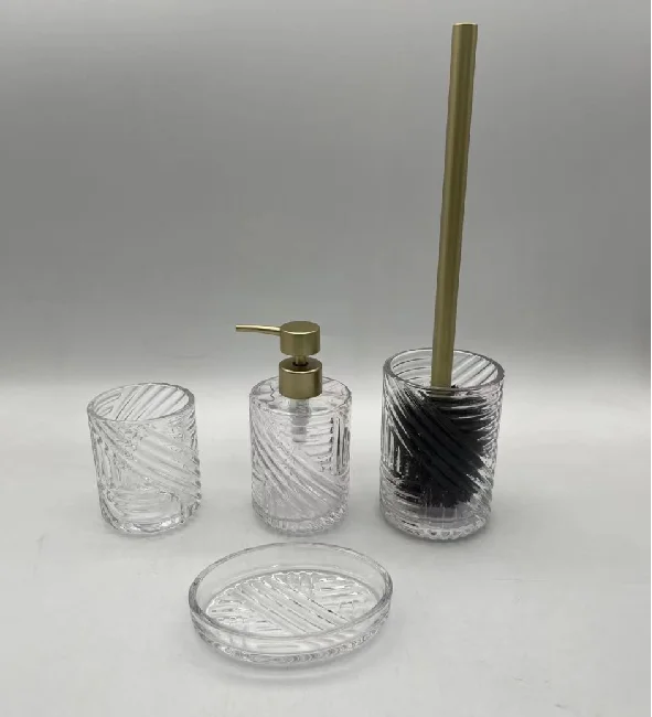 Hot Sale Embossed Black Glass Bathroom Set 4 pcs Glass Bath Sets Soap Dispenser Toothbrush Holder Bathroom Accessories Set