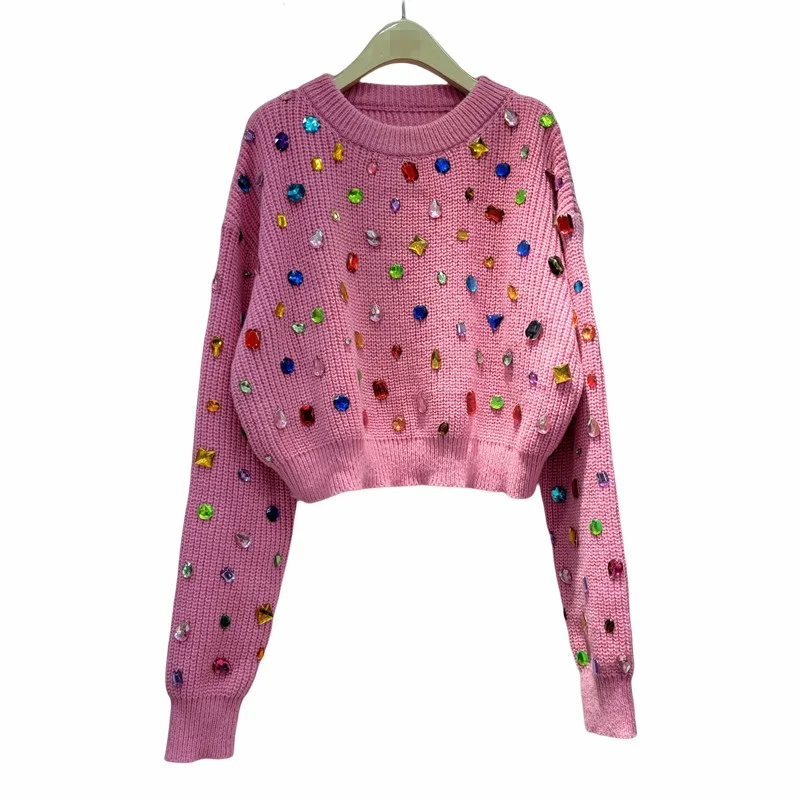2022 Autumn Winter Pullover Sweater New French Heavy Industry Crew Neck Sweater Color Diamond Sweater For Women