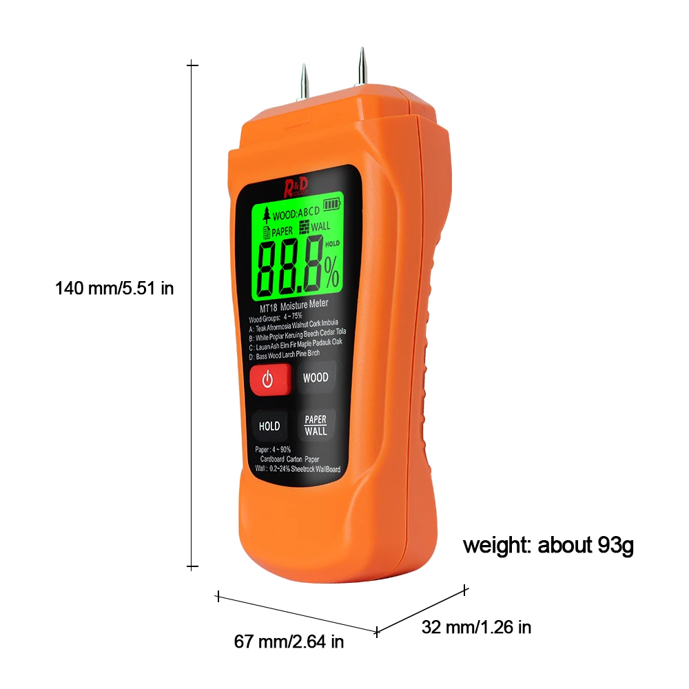 
R&D MT18 Moisture Meter Wood paper Wall Humidity Hygrometer Timber Damp Detector Tree Density tester wood ABCD Paper&Wall test 
