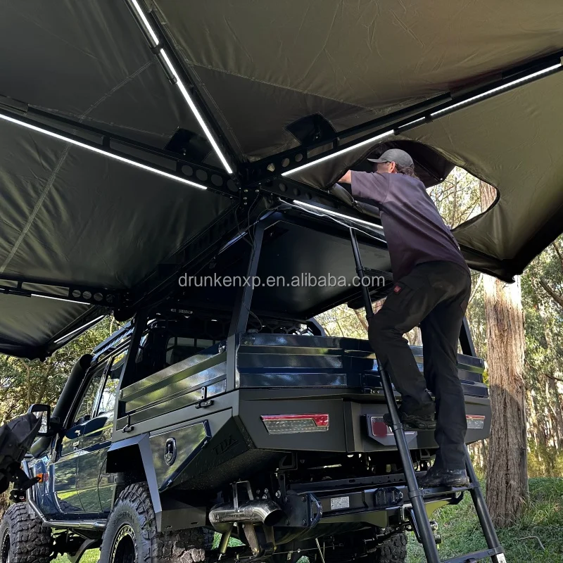 DrunkenXp 280G Canvas 270 Plus LED Lights Rainproof Poles D Zipper Hole Car Side Free Standing Awning