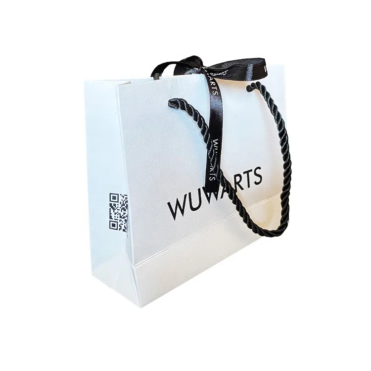 PB-09 Custom hot sale printing black logo matte lamination white card paper bag with black ribbon handles