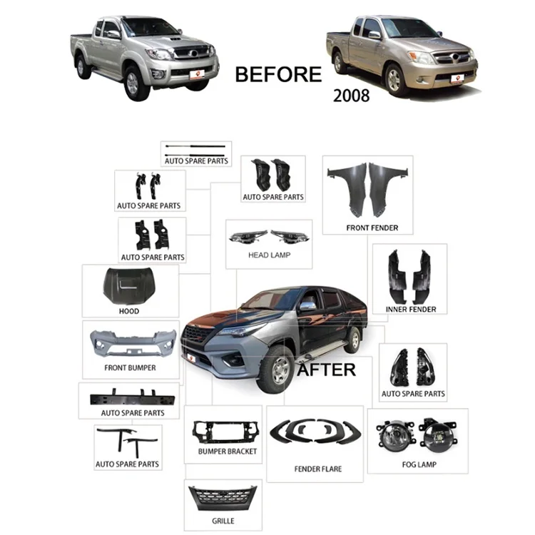 CNBF VIGO Modified To FORTUNER Customization Auto Spare Parts Head Fog Lamp Hood Front Inner Fender Flare Bumper Bracket Grille