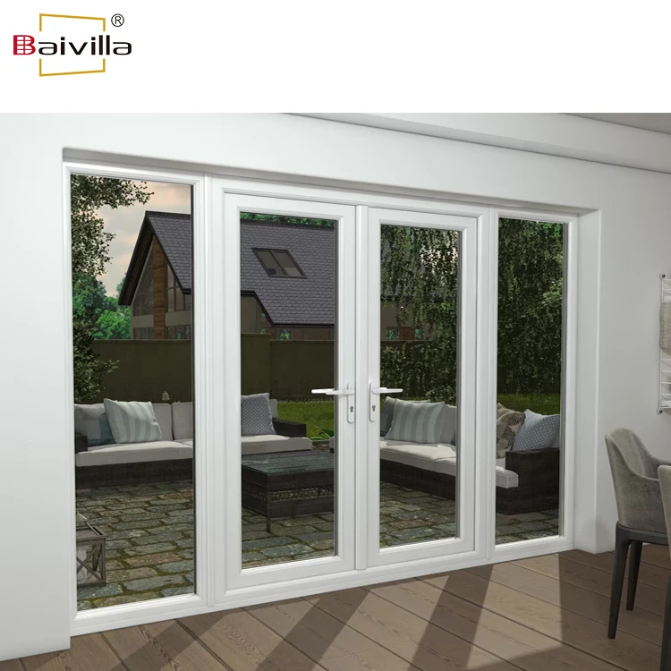 Exterior patio white upvc double leaf swing doors design pvc glass french door for balcony living room