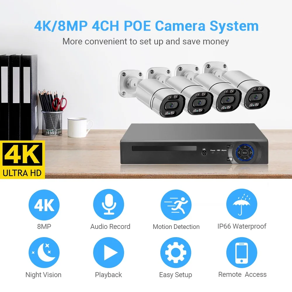 4K Security Camera System Poe IP Camera Outdoor Home Video Surveillance Camera Set 4CH Wired CCTV Security System