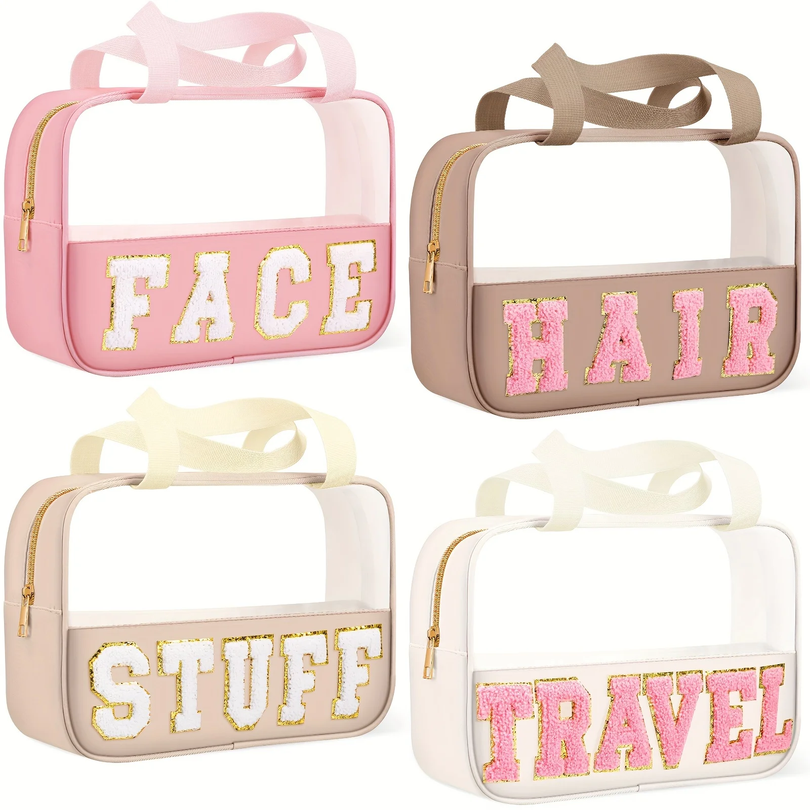 Clear Zipper Cosmetic Toiletry Storage Pouches Portable Chenille Letter Nylon Makeup Bag for Women Travel