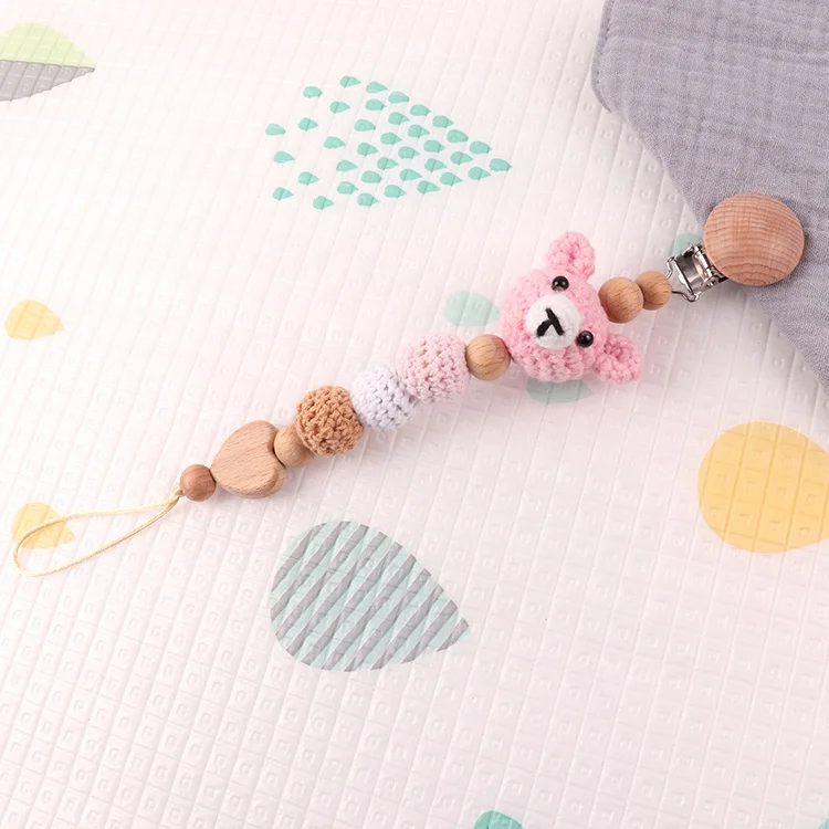 Factory direct personalized cotton thread wooden knit animals pacifier clip pacifier chain for newborn baby